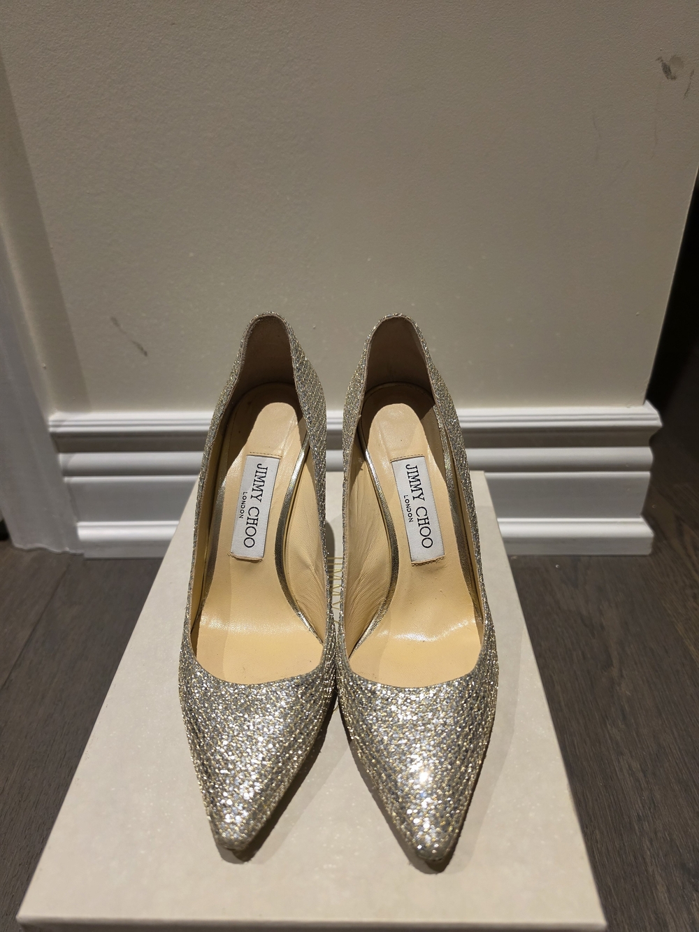 Jimmy Choo Glitter Gold Pointed Toe Pumps